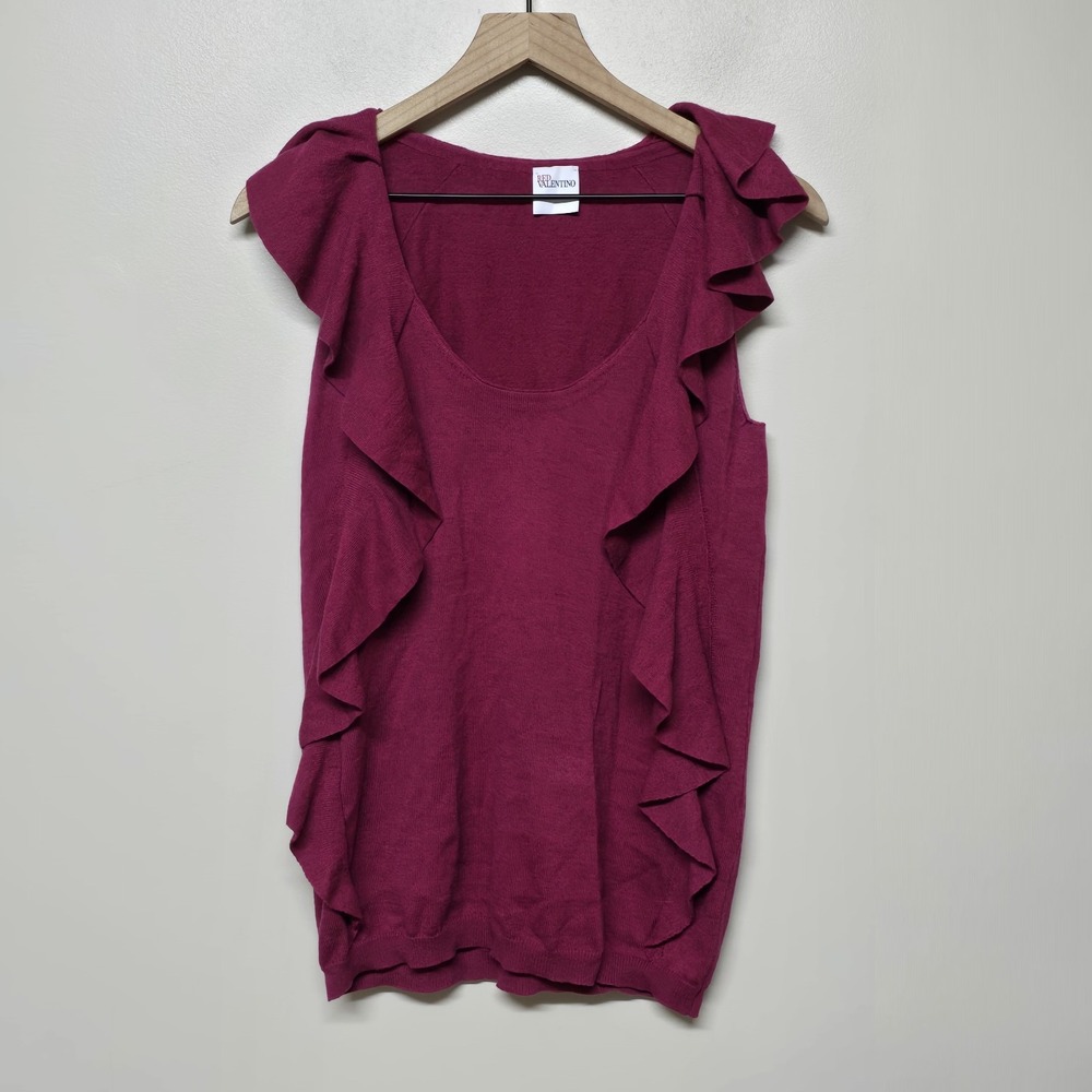 Red Valentino Womens Sleeveless Ruffle‎ Knit Top Burgundy Wool Cotton Italy Sz L